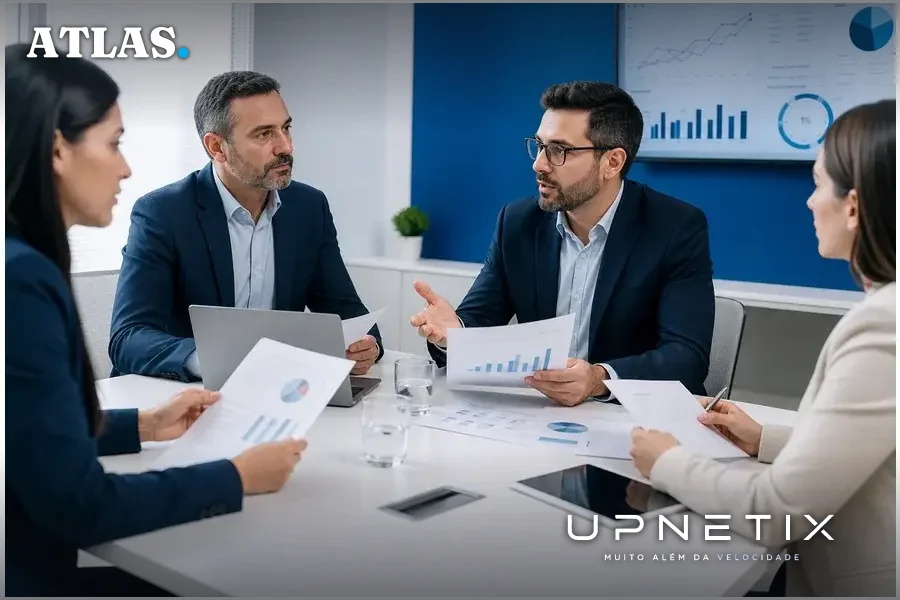 Equipe de gestores de ISP reunida discutindo estratégias fiscais e de negócios