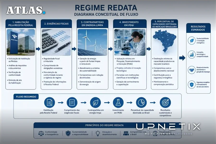 Diagrama conceitual ilustrando o fluxo e requisitos do regime Redata para data centers no Brasil.