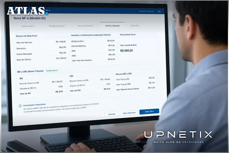 Tela de computador exibindo nota fiscal modelo 62 com campos de IBS e CBS preenchidos
