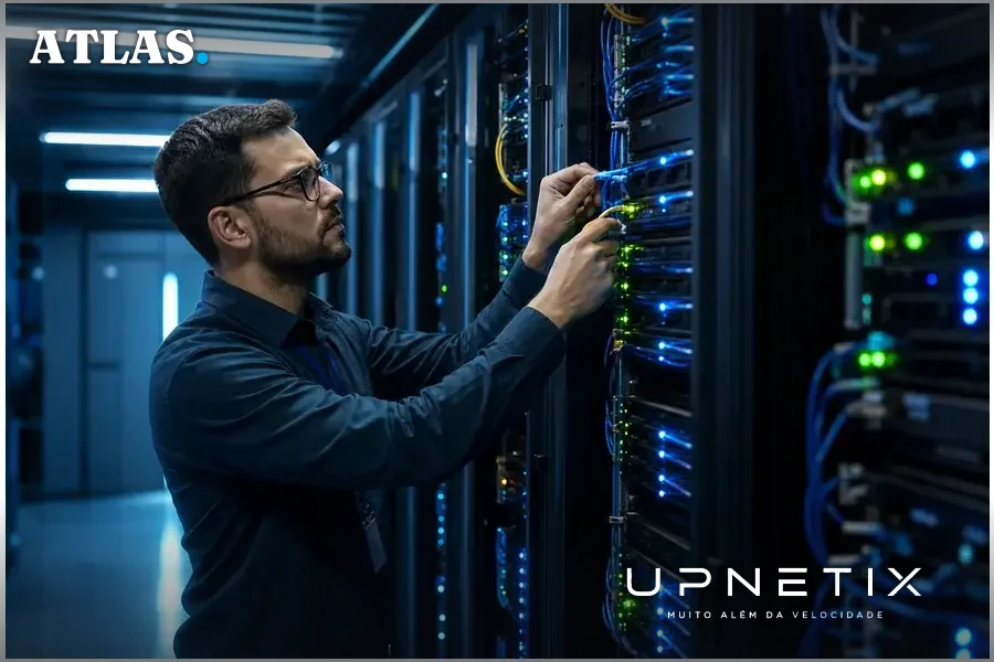 Sala de servidores de data center com foco em equipamentos de infraestrutura digital crítica.