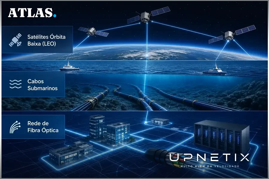 Diagrama da arquitetura em três camadas do sistema CableShield mostrando integração entre cabos submarinos, satélites e rede de fibra óptica.