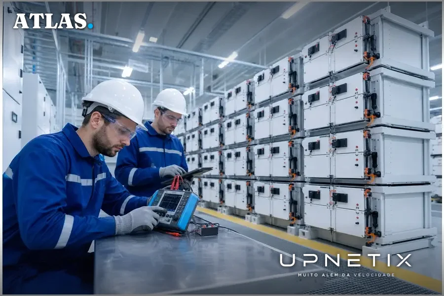 Parque industrial de armazenamento de energia em baterias com técnicos realizando manutenção.