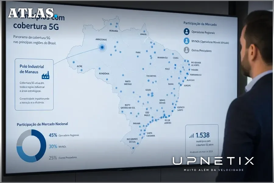 Mapa do Brasil destacando expansão do 5G e presença de operadoras regionais e MVNOs.