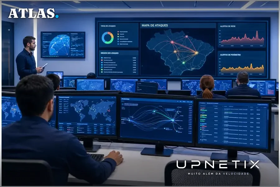 Profissionais de segurança cibernética monitorando alertas de rede e perímetro em uma sala SOC.