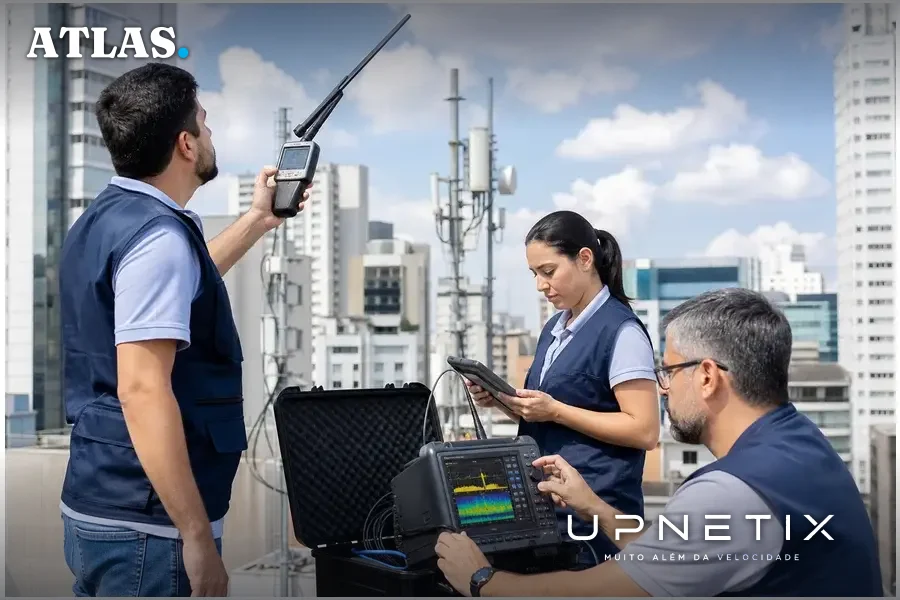 Técnicos da Anatel em operação de campo usando analisadores de espectro para localizar antenas clandestinas em São Paulo.