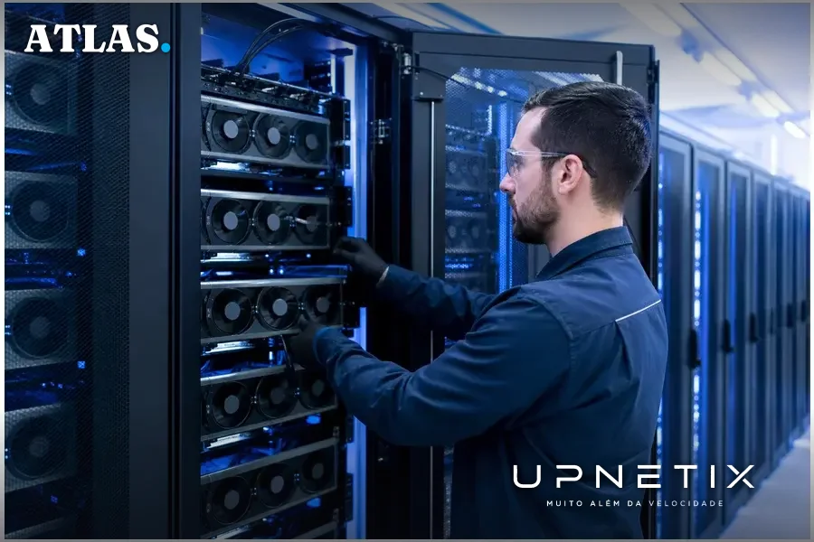 Painel tecnológico com GPUs para IA em data center moderno