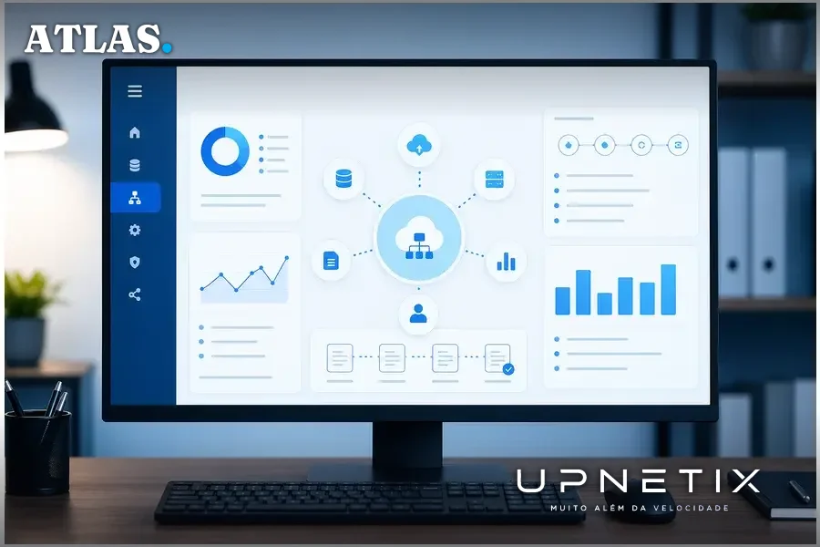 Interface gráfica conceitual de API para centralização de ordens de bloqueio, ambiente de escritório realista
