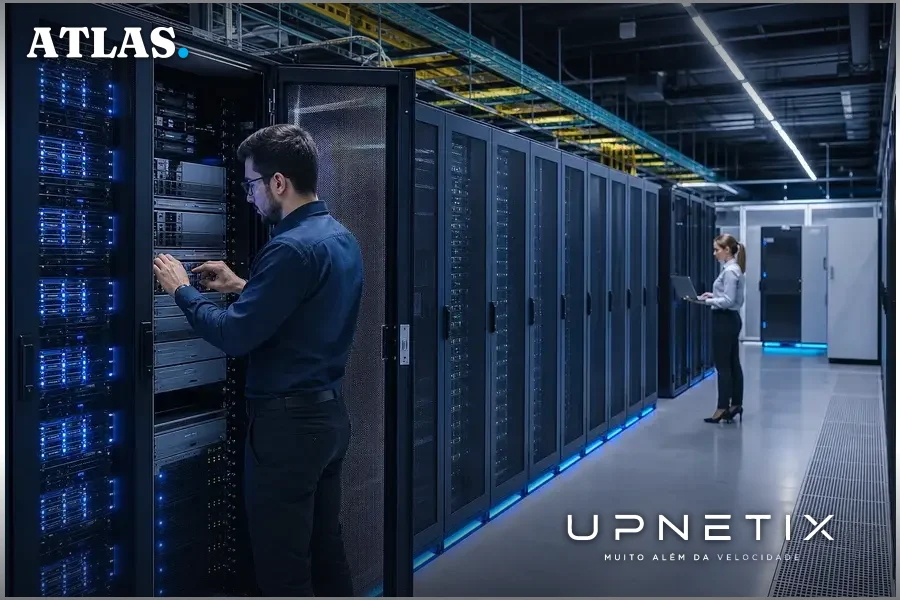 Data center com servidores e equipamentos de rede para suportar cargas de trabalho de IA intensas