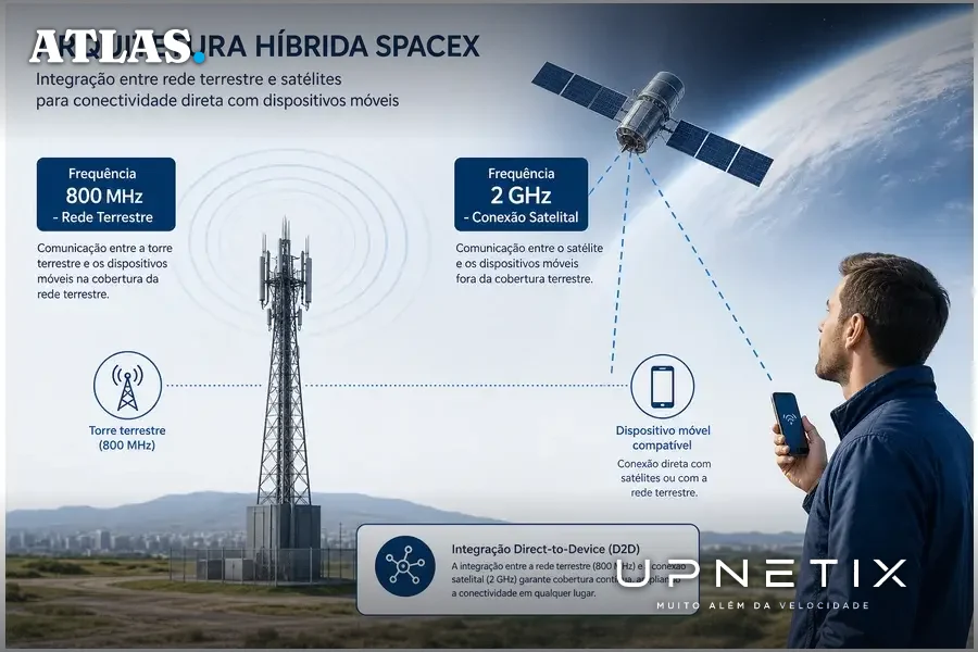 Diagrama da rede híbrida da SpaceX com frequências 800 MHz e 2 GHz integrando satélites e torres terrestres.