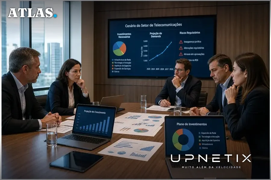 Executivos de grandes operadoras brasileiras em reunião estratégica sobre investimentos e regulação em telecom.