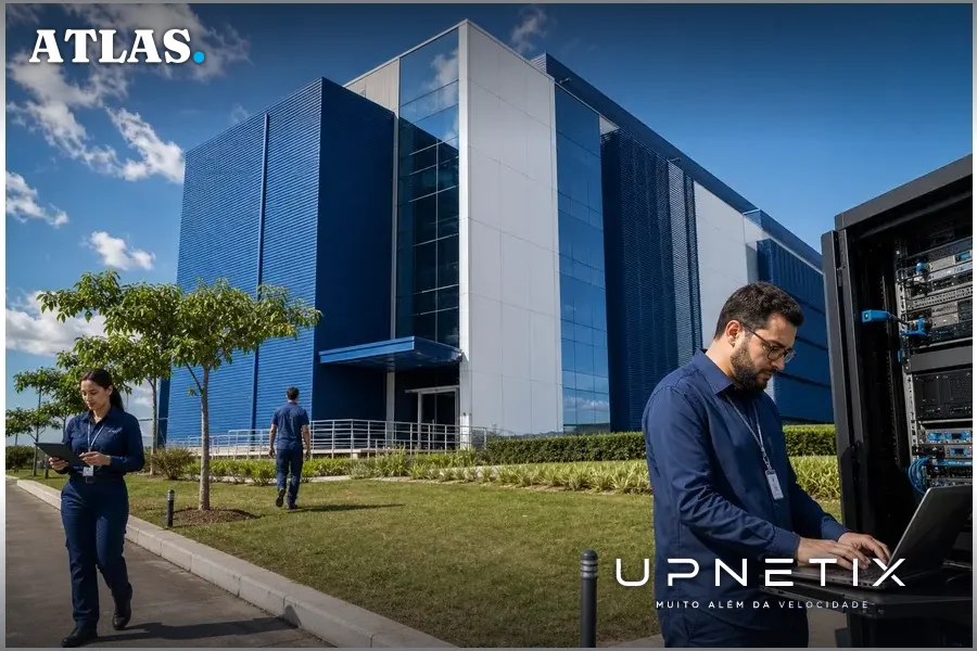 Fachada do datacenter do Serpro com técnicos de TI trabalhando em ambiente corporativo realista.
