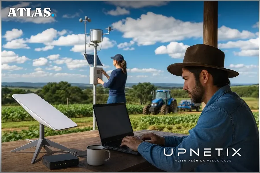 Fazenda rural brasileira utilizando conectividade Starlink para internet em área remota