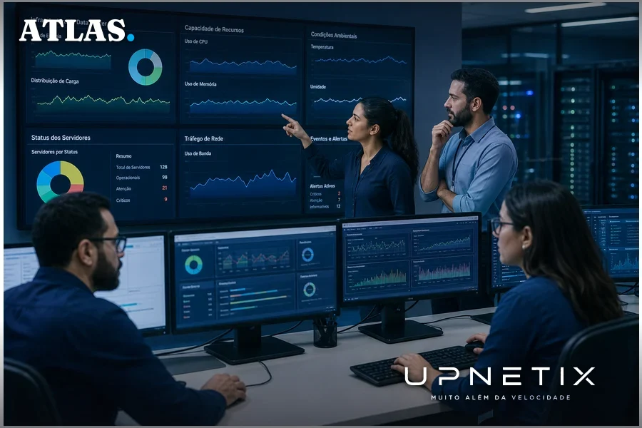 Profissionais analisando dados operacionais em sala de controle de data center.
