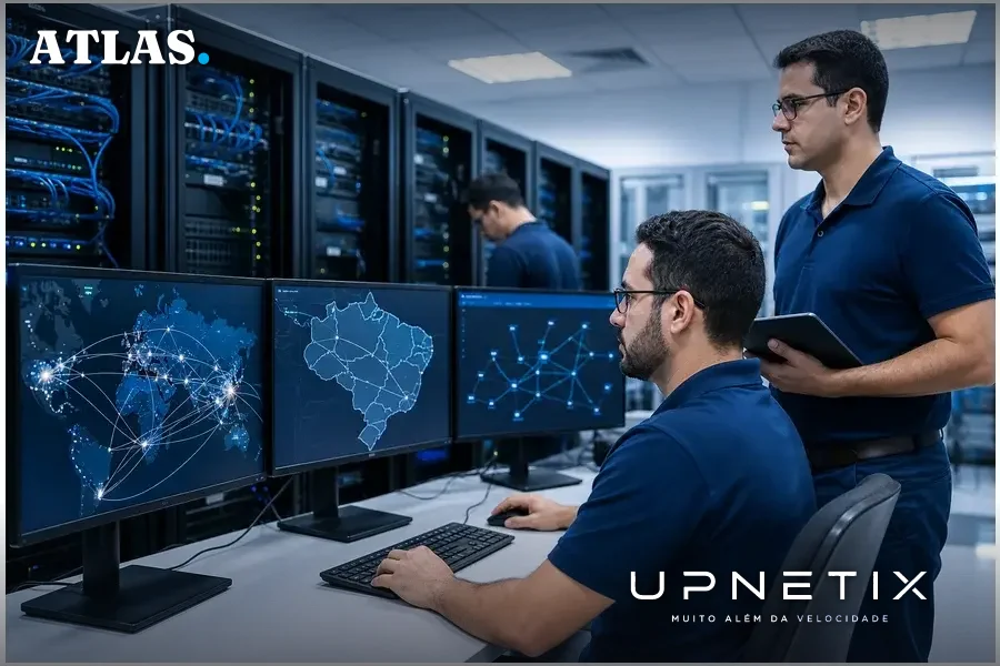 Técnicos de TI operando em centro de dados com servidores e mapas de rotas BGP em telas.
