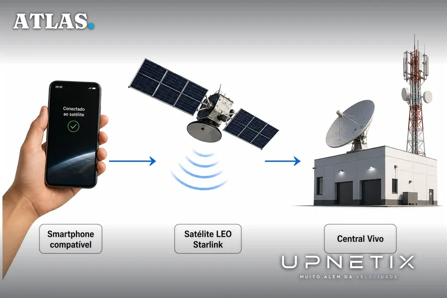 Diagrama explicativo da conexão direta entre celular e satélite Vivo Satélite