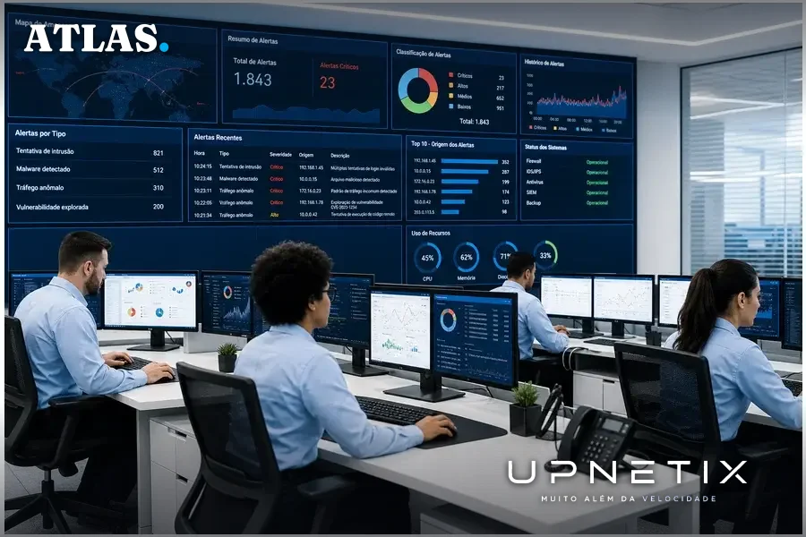 Centro de monitoramento de segurança digital com profissionais atuando em tempo real.