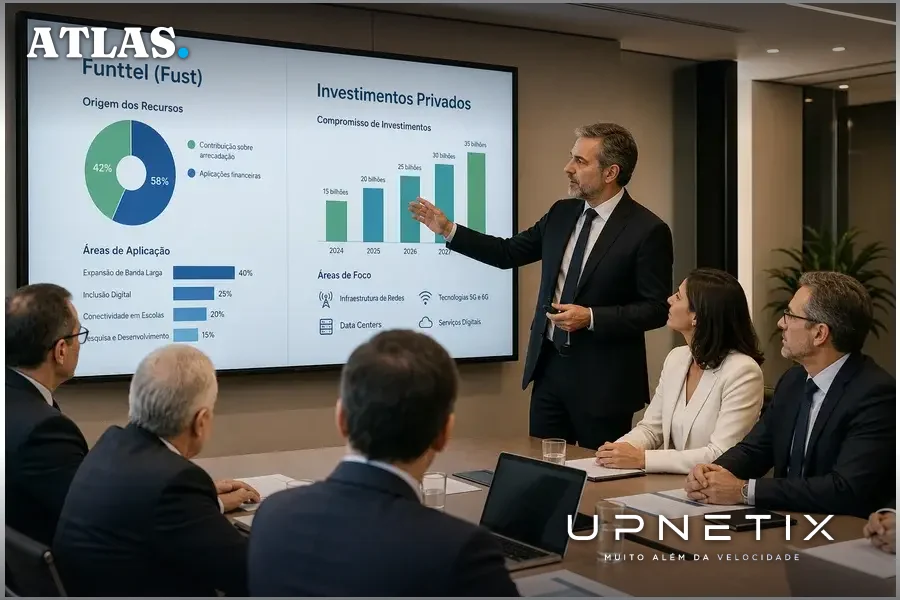Ministros e executivos discutindo financiamento do Fust e investimentos privados para conectividade em rodovias