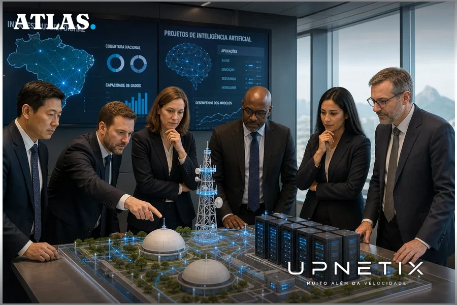 Investidores estrangeiros analisando projetos de IA e infraestrutura digital brasileira em ambiente corporativo.