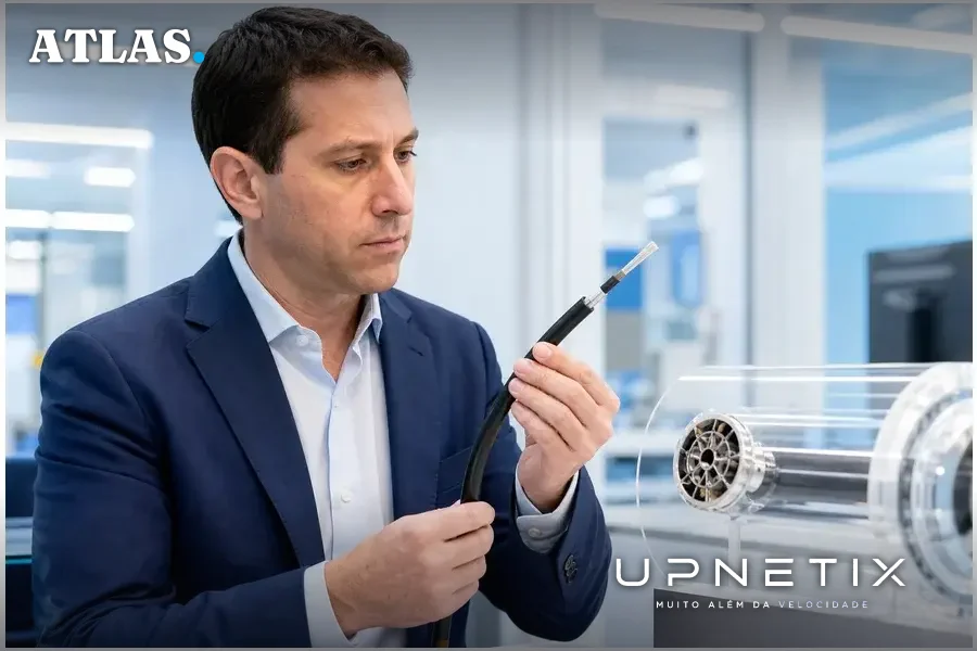 Retrato realista do CEO Jason Eisenholz segurando um cabo de fibra óptica de núcleo oco em escritório moderno de tecnologia