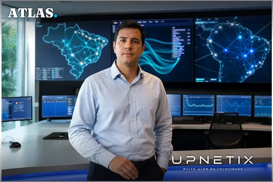 Gerente de Operações Álvaro Maia em sala de controle do Cinturão Digital com telas de monitoramento de rede