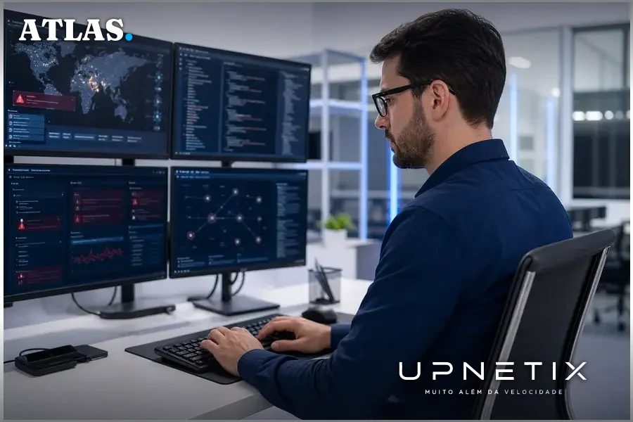 Engenheiro de segurança trabalhando em múltiplos monitores com códigos e alertas de segurança em ambiente corporativo moderno.
