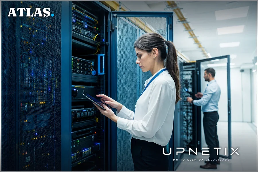 Ambiente interno de data center com servidores e profissionais de TI monitorando operações em fundo claro.