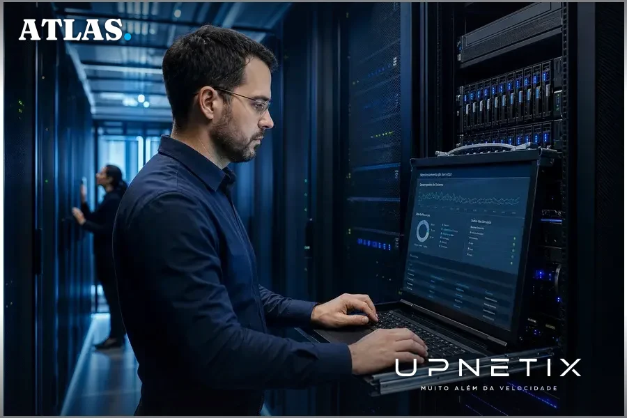 Data center com servidores e equipamentos de TI iluminados em azul