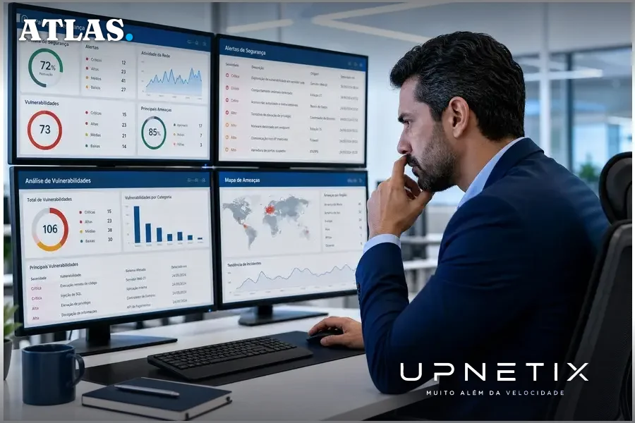 Profissional de segurança da informação brasileiro analisando vulnerabilidade em ambiente corporativo