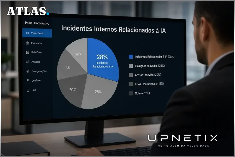 Gráfico de pizza mostrando que 28% dos incidentes internos são causados por IA, em dashboard corporativo.