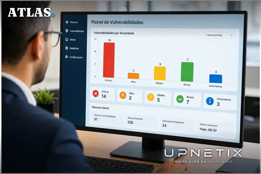 Painel digital com indicadores de vulnerabilidades em português em barras verticais coloridas