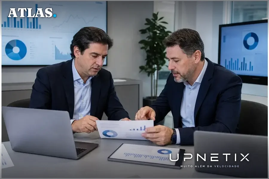 Executivos André Fleury e João Lins em reunião corporativa discutindo estratégia da fusão Vision e Tempest