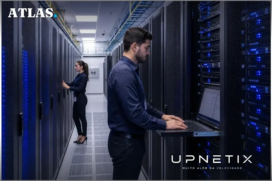 Interior de data center brasileiro moderno com servidores e infraestrutura tecnológica iluminada.