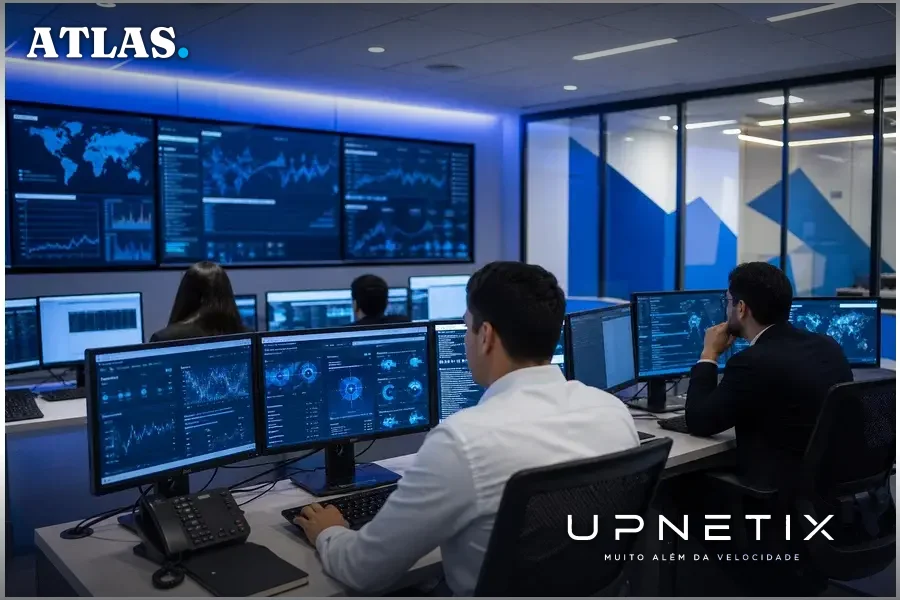 Centro de operações cibernéticas em banco brasileiro com técnicos monitorando segurança digital.