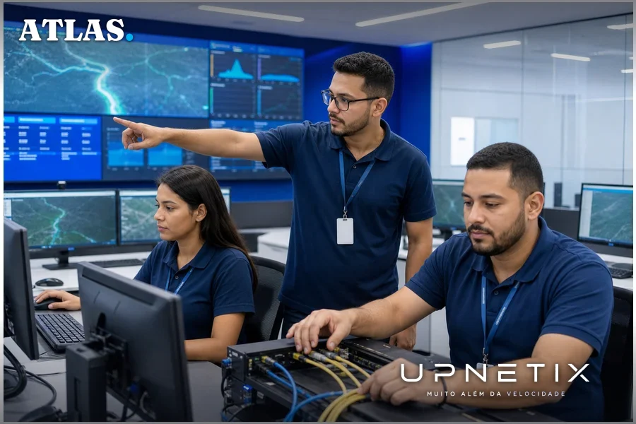 Equipe técnica monitorando a ativação da rede de fibra óptica em centro de controle de telecomunicações.