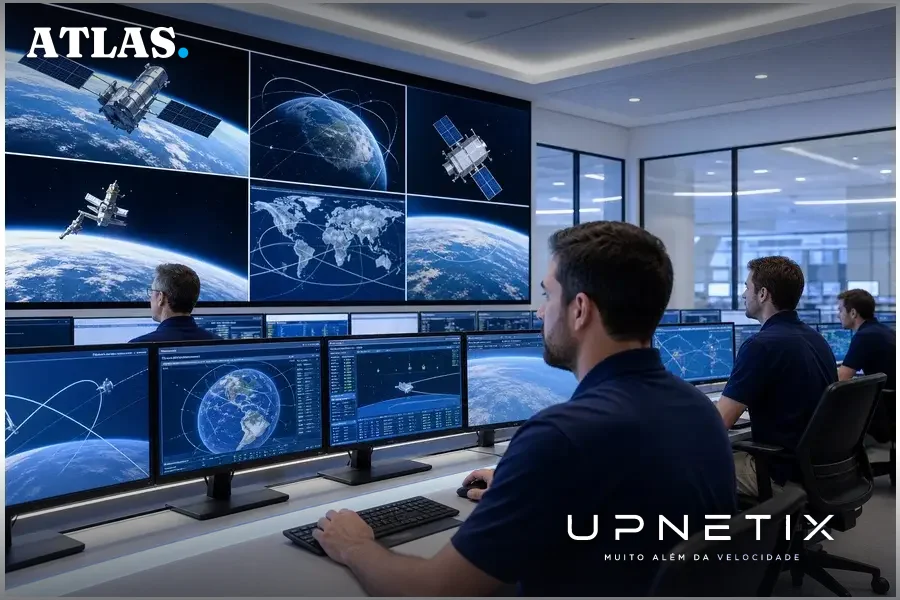 Centro de controle da SpaceX com técnicos monitorando satélites em órbita baixa terrestre