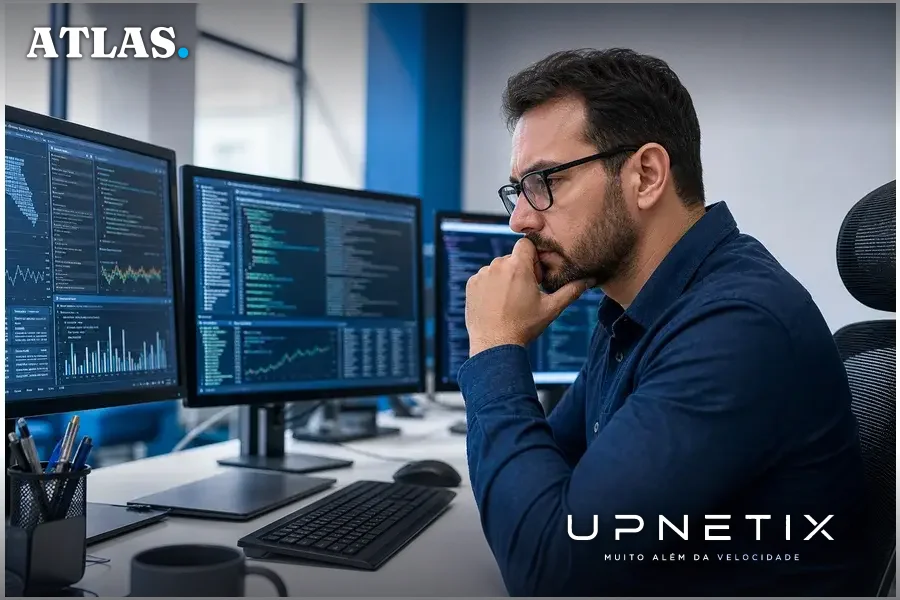 Profissional de TI analisando dados de segurança em múltiplos monitores em escritório corporativo moderno.