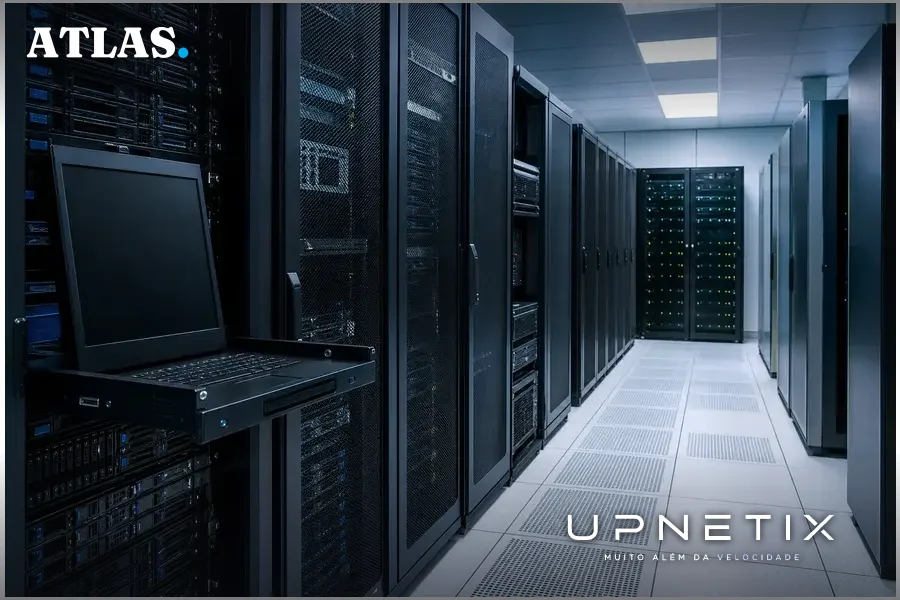 Data center moderno com servidores e equipamentos de backup funcionando.