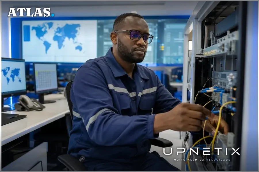Técnico de rede da Angola Cables monitorando equipamentos ópticos de cabos submarinos em centro de operações moderno e iluminado.