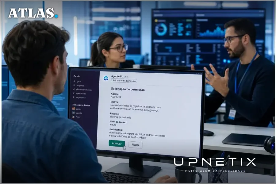 Equipe de TI monitorando e aprovando permissões de agentes de IA em tempo real via Slack, em ambiente corporativo moderno.