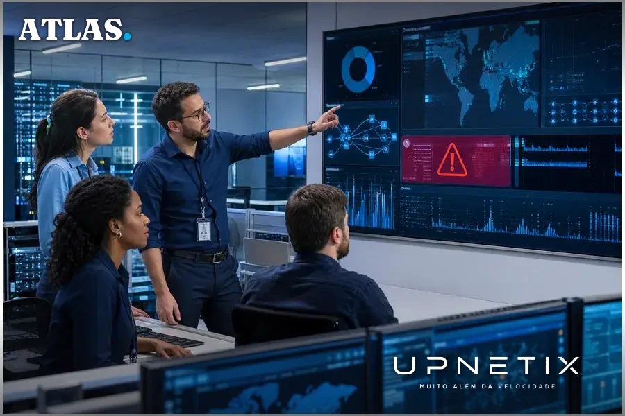Equipe de administradores de TI em sala de operações debatendo estratégias para mitigar ataques no Citrix NetScaler.