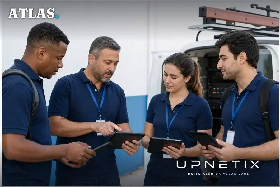 Equipe técnica da Algar Telecom planejando deslocamentos e visitas técnicas com uso de tablets.