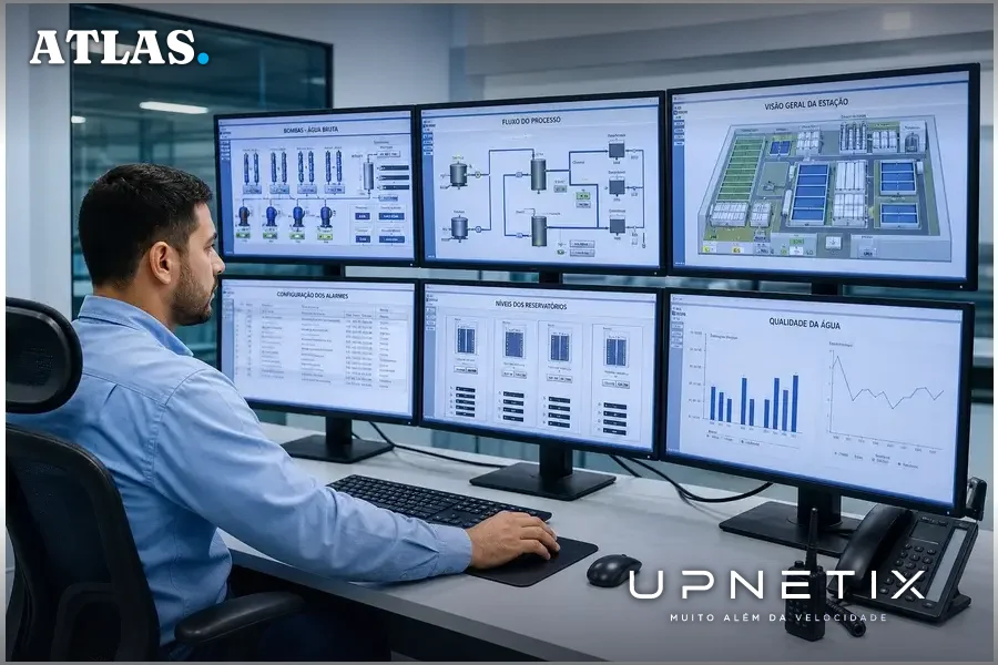 Operador industrial monitorando controladores lógicos programáveis Siemens série S7 em estação de tratamento de água
