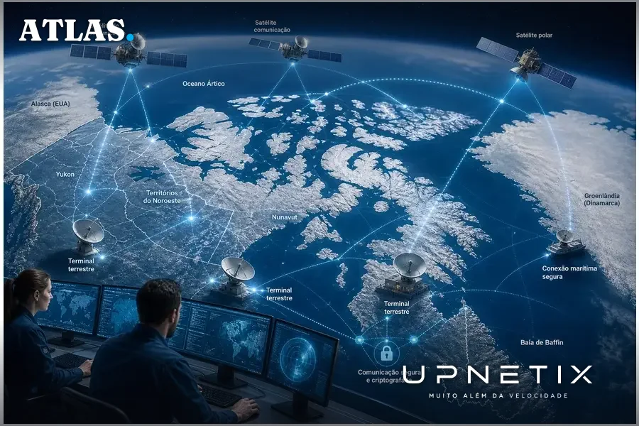 Mapa realista do Ártico canadense ilustrando cobertura da constelação Lightspeed e infraestrutura de comunicações seguras