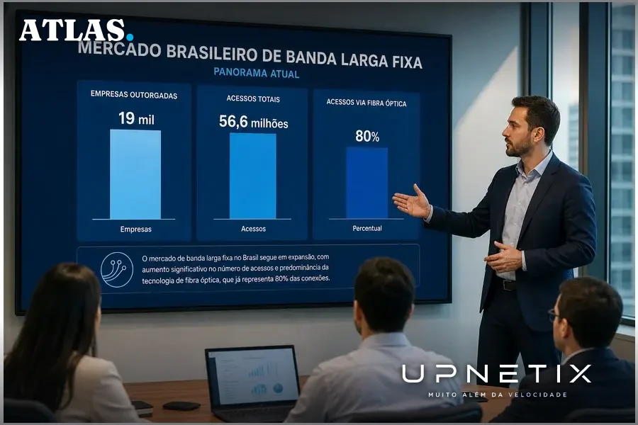 Gráfico em painel digital mostrando dados do mercado de banda larga fixa no Brasil com texto em português.