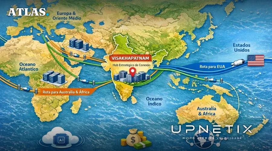 Mapa da Índia com destaque para Visakhapatnam e rotas de cabos submarinos conectando diferentes continentes, indicando o local do novo data center do Google.