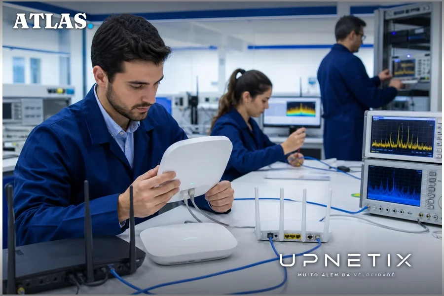 Equipe técnica realizando testes de equipamentos Wi-Fi e redes móveis para adaptação à nova regulamentação da Anatel