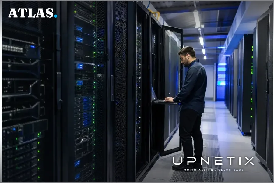 Data center corporativo com racks de servidores e equipamentos de rede em operação