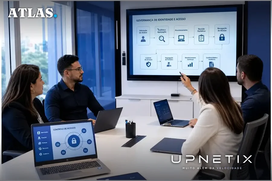 Equipe de TI discutindo governança de identidades e controle de acessos em reunião corporativa.
