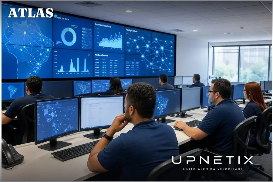 Centro de operações de rede com técnicos monitorando várias telas em ambiente corporativo moderno.