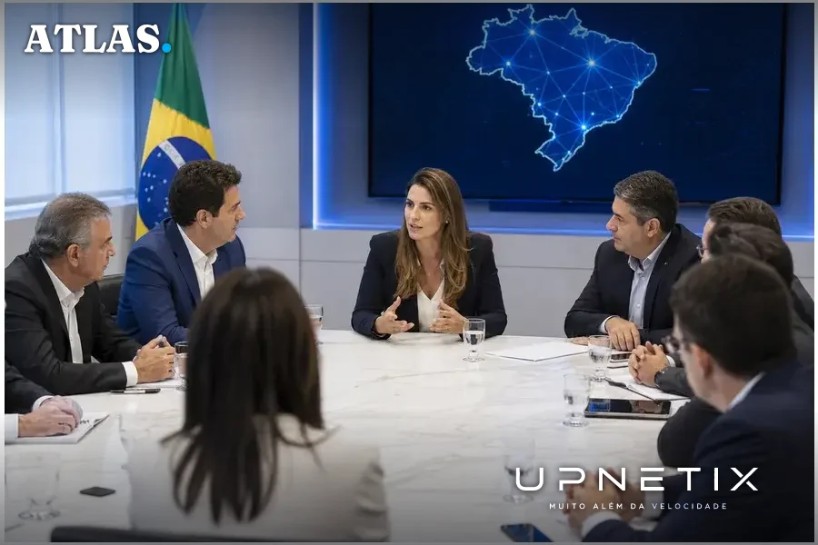 Reunião de governo e empresários brasileiros discutindo soberania digital e integração tecnológica internacional.